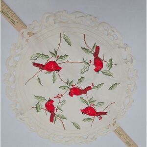 Round Christmas Red Cardinal Embroidered Lace Table Topper 16"